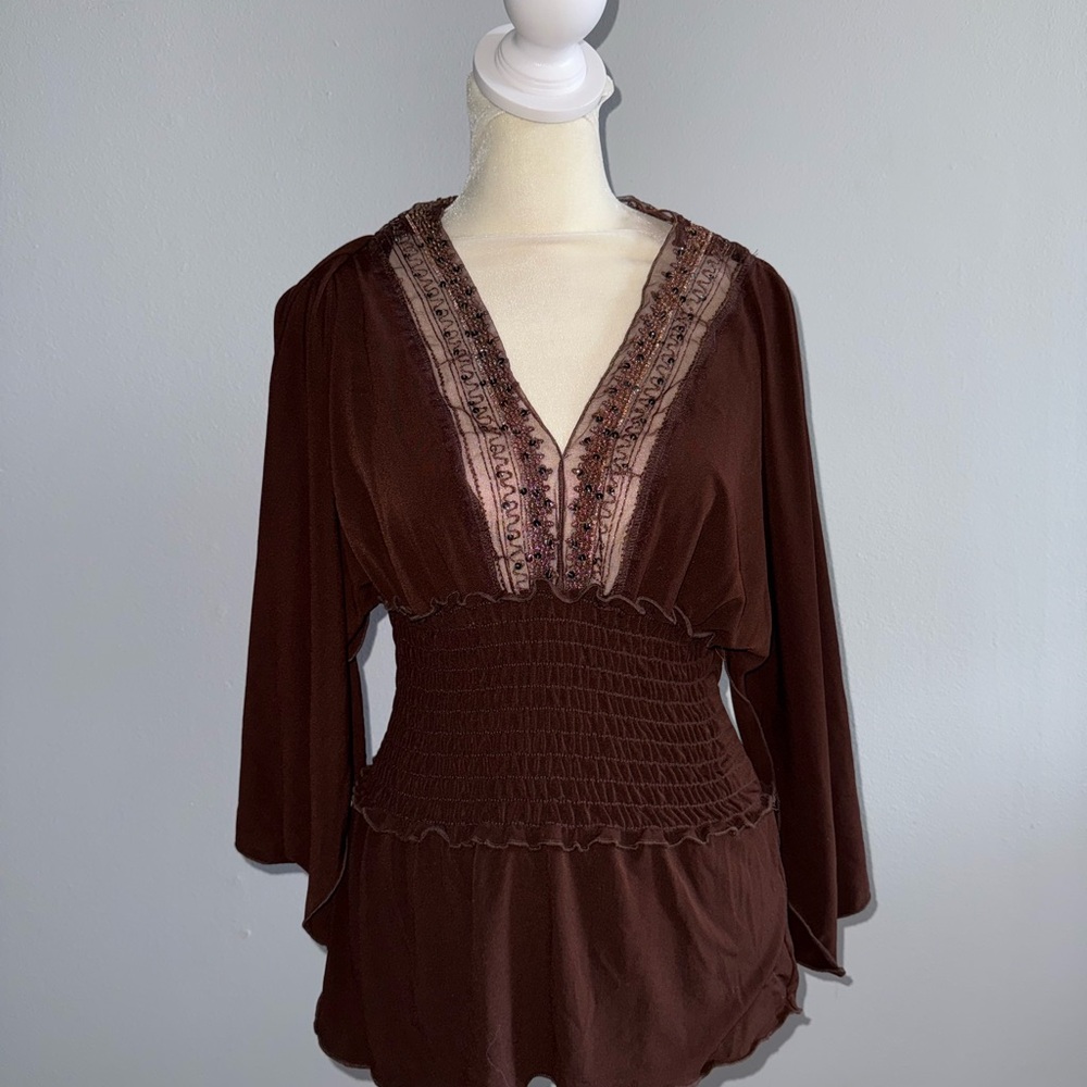Rampage Brown Embroidered V-Neck Top